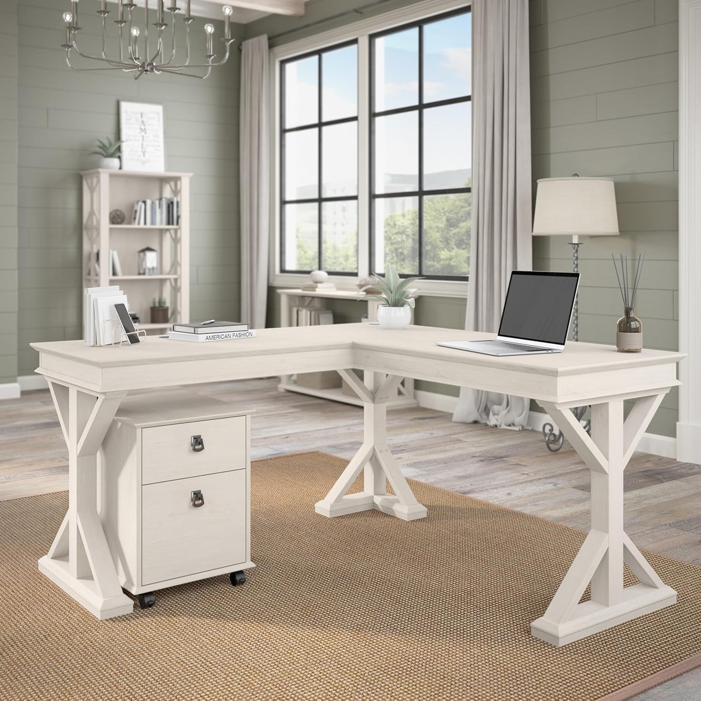 Bush Furniture Homestead 4 Shelf Farmhouse Bookcase in Linen White Oak, Vertical Office Organizer, Home Shelving Unit for Books and Decor, Bookshelf