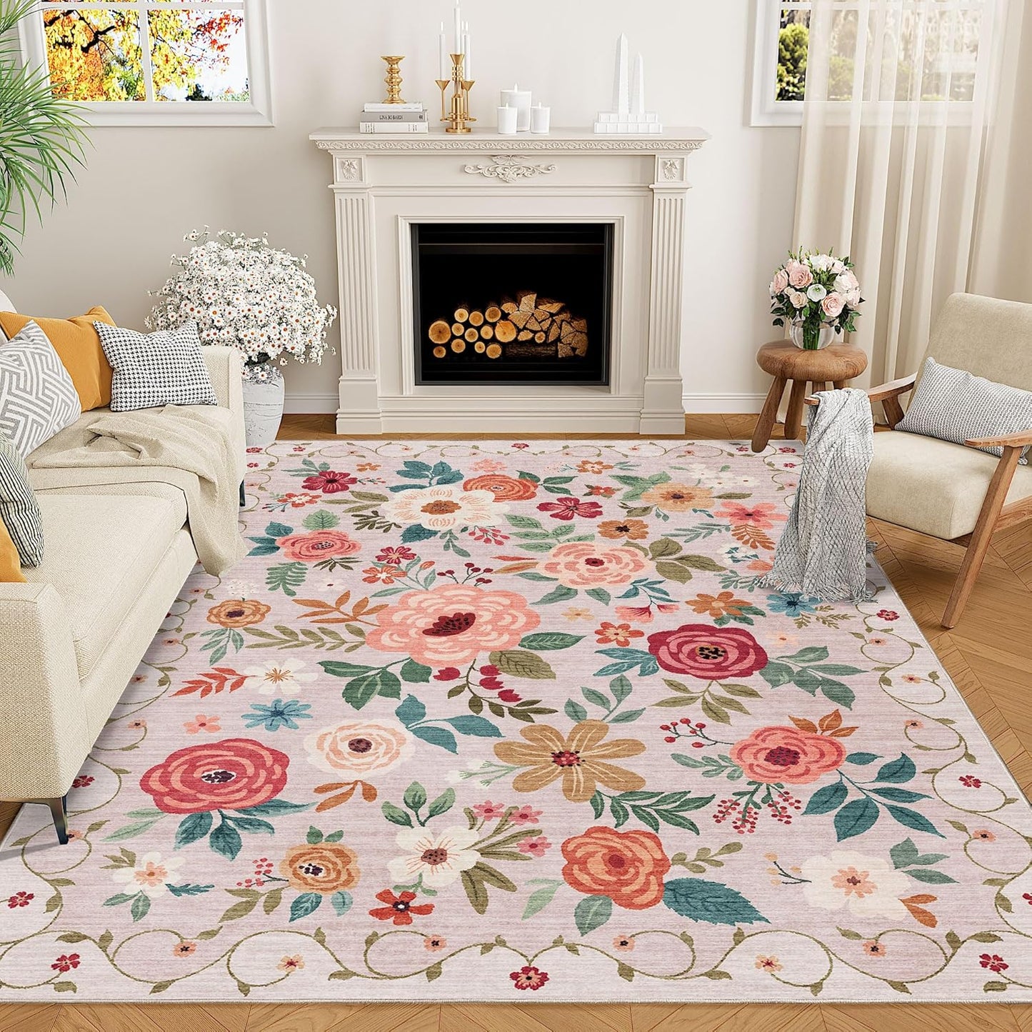 DUKINO 9x12 Area Rug, Floral Rugs for Living Room, Lightweight Non Slip Washable Rug, Indoor Low Pile & Non-Shedding Boho Design Rugs for Bedroom, Living Room, Dining Room, Beige