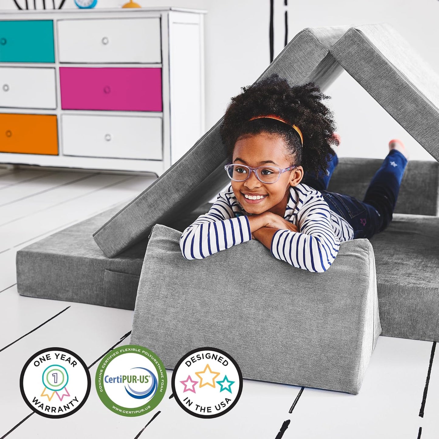 Yourigami Kids and Toddler Play Couch, Convertible Folding Sofa, Durable Foam Modular Design, Mountain Gray