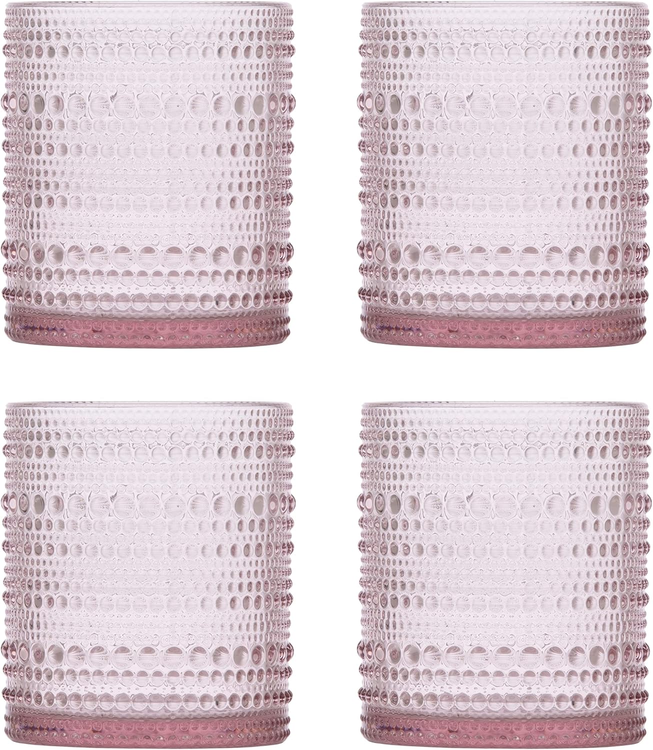 Fortessa Jupiter Beaded Hobnail Glass, 10 Ounce Double Old Fashioned (Set of 4), Pink