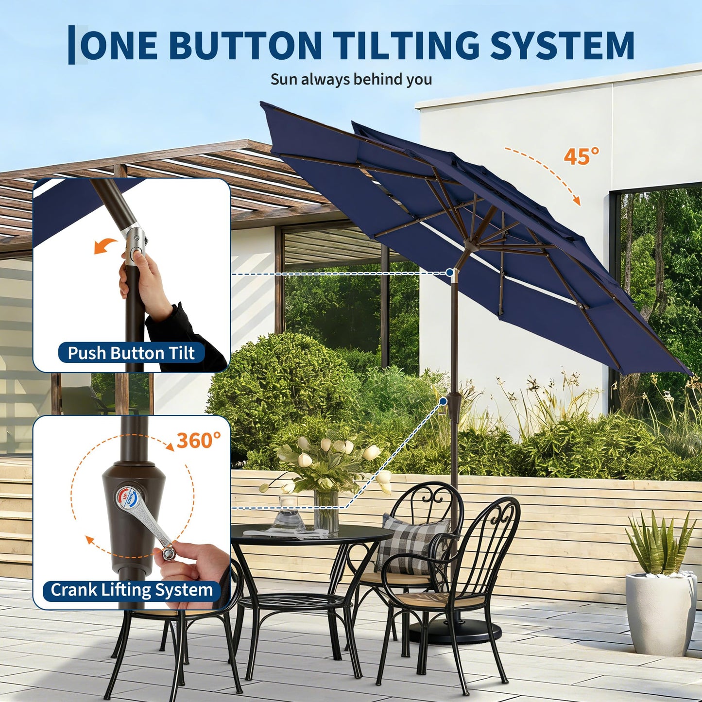 Garvee 10ft Patio Umbrella with Solar Lights, 3-Tier Patio Table Umbrella Outdoor with LED Lights, Ventilation, Easy Crank & Tilt, 8 Sturdy Ribs, UV Protection, Large Patio Umbrella for Deck, Pool
