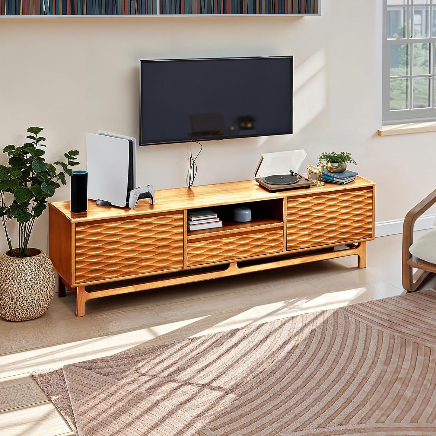 Acacia Elara Wood TV Stand for TVs up to 75+ Inch Entertainment Center with Storage Shelves and Cable Management, Mid Century Modern TV Media Console Wood TV Stands for Living Room Bedroom (Caramel)
