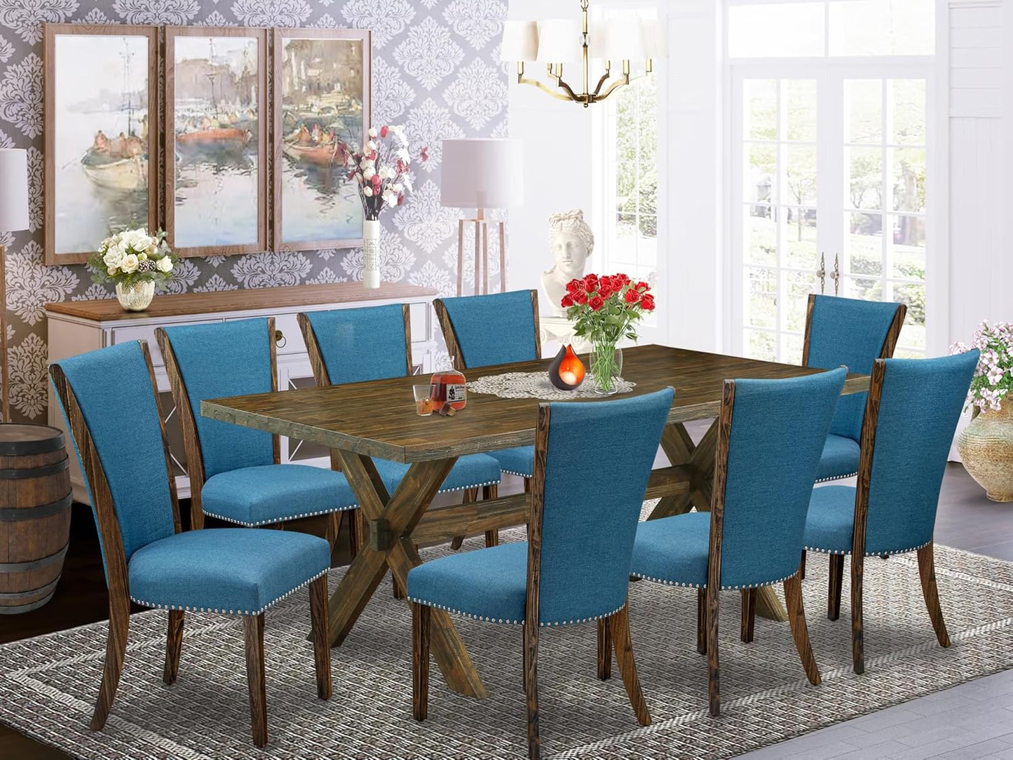 East West Furniture X777VE721-9 9 Piece Dining Set Includes a Rectangle Dining Room Table with X-Legs and 8 Blue Color Linen Fabric Upholstered Chairs, 40x72 Inch, Multi-Color