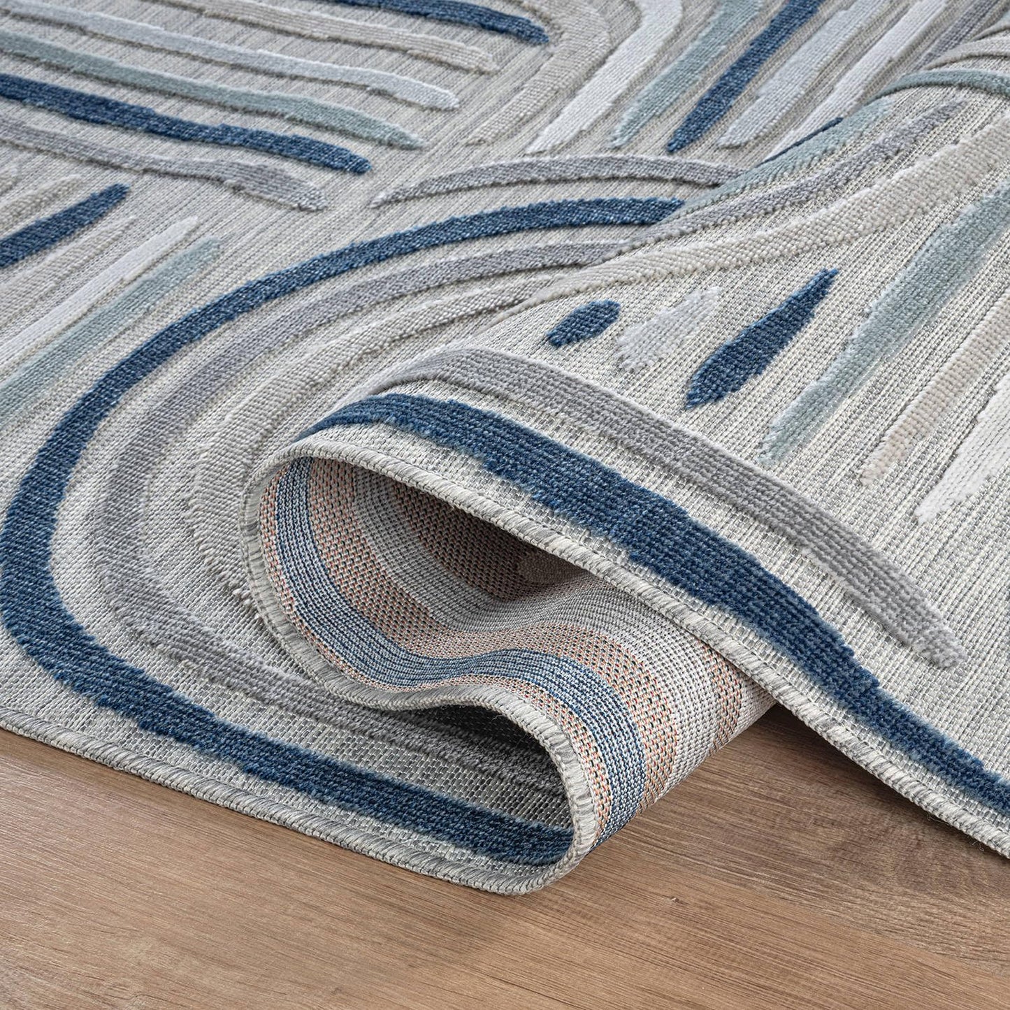 CAMILSON Indoor Outdoor Rug, Blue 5x7 Geometric Arch Striped Area Rugs for Patio and Home Areas, Easy-Cleaning Non-Shedding Living Room, Garden and Deck Washable Outside Carpet (5 x 7)
