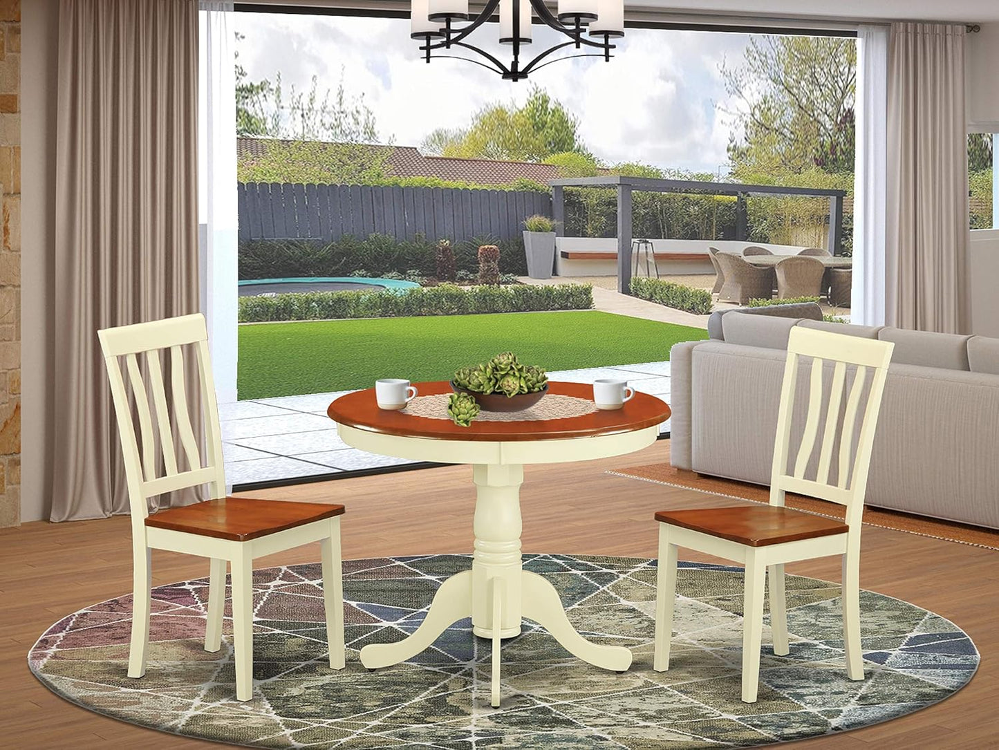 East West Furniture ANTI3-WHI-W 3 Piece Dining Table Set for Small Spaces Contains a Round Kitchen Table with Pedestal and 2 Dining Chairs, 36x36 Inch, Buttermilk & Cherry