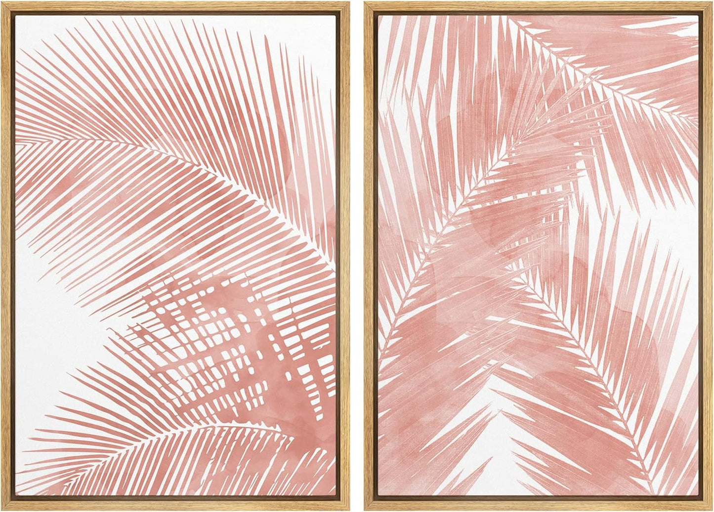 SIGNWIN Framed Canvas Print Wall Art Set Tropical Red Pastel Palm Leaf Plants Nature Wilderness Illustrations Modern Art Decorative Rustic Chic for Living Room, Bedroom, Office - 24"x36"x2 Natural