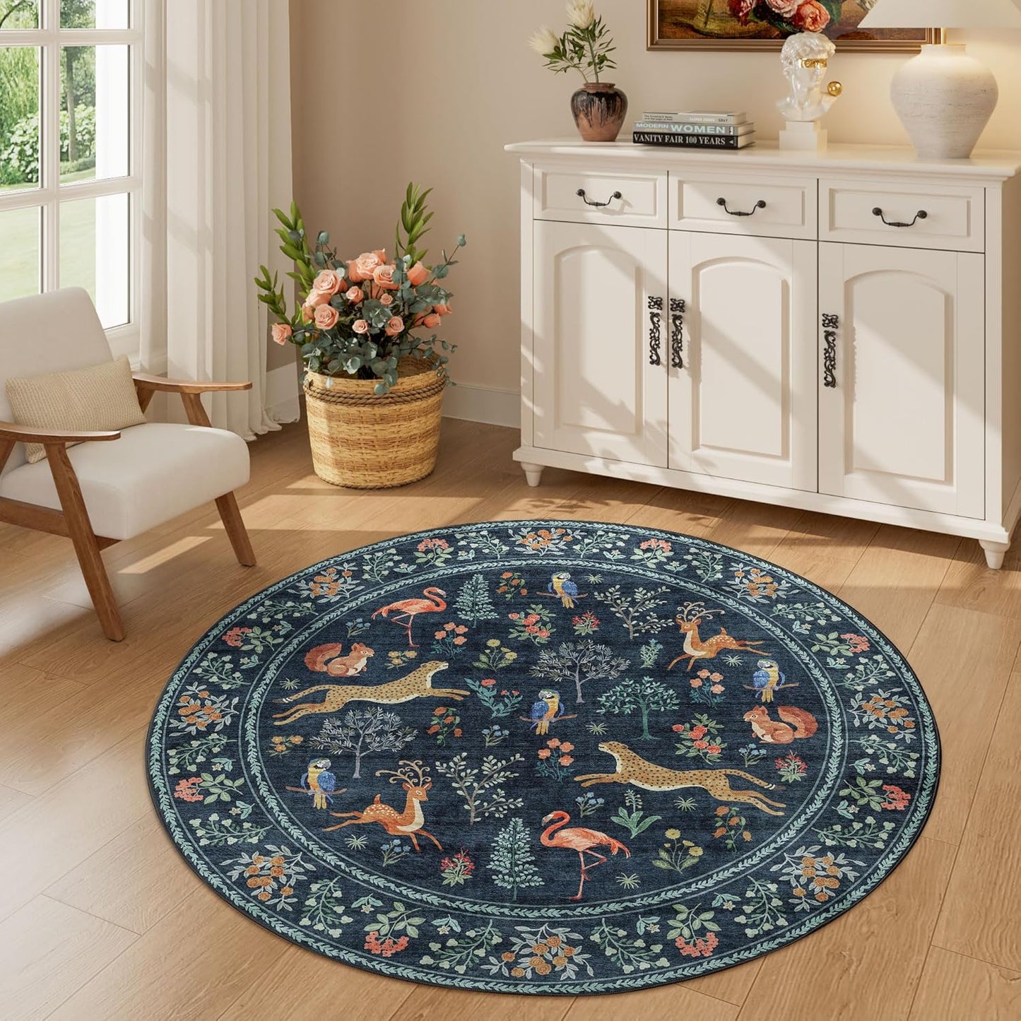 DUKINO 4ft Round Rug, Washable Round Area Rug, Non Slip Indoor Low Pile Animal Design, Soft Small Vintage Circle Carpet for Bedroom, Entryway, Living Room, Dining Room, Navy Blue