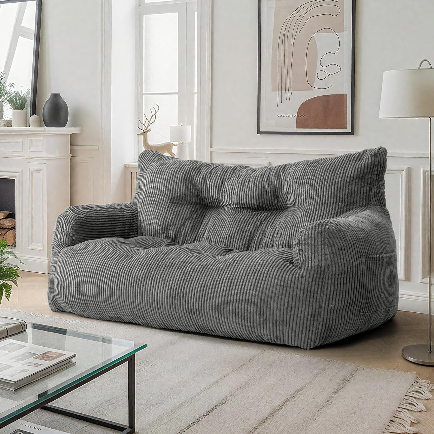 Pamapic Bean Bag Chair,2 Seat Loveseat Sofa,Ultra Soft Dutch Velvet,Fluffy Comfort Washable Cover,Corduroy Lazy Sofa Bed for Adults,Fit Living Room, Bedroom,Outdoor Spaces,Dark Grey