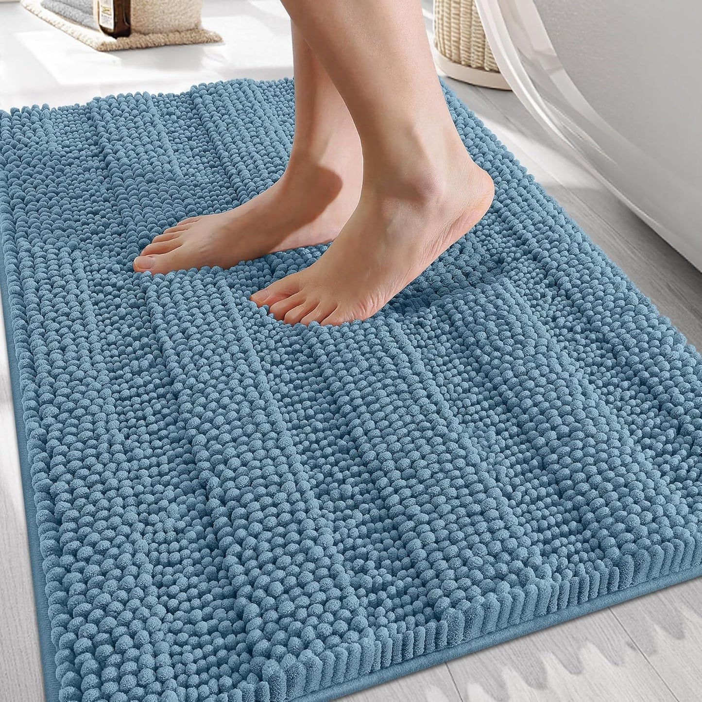 OLANLY Thick Bathroom Rugs 30x20, Extra Soft Absorbent Chenille Striped Bath Rugs, Rubber Backing, Machine Wash Dry, Bath Mats for Bathroom Floor, Tub and Shower, Home Decor Accessories, Airy Blue