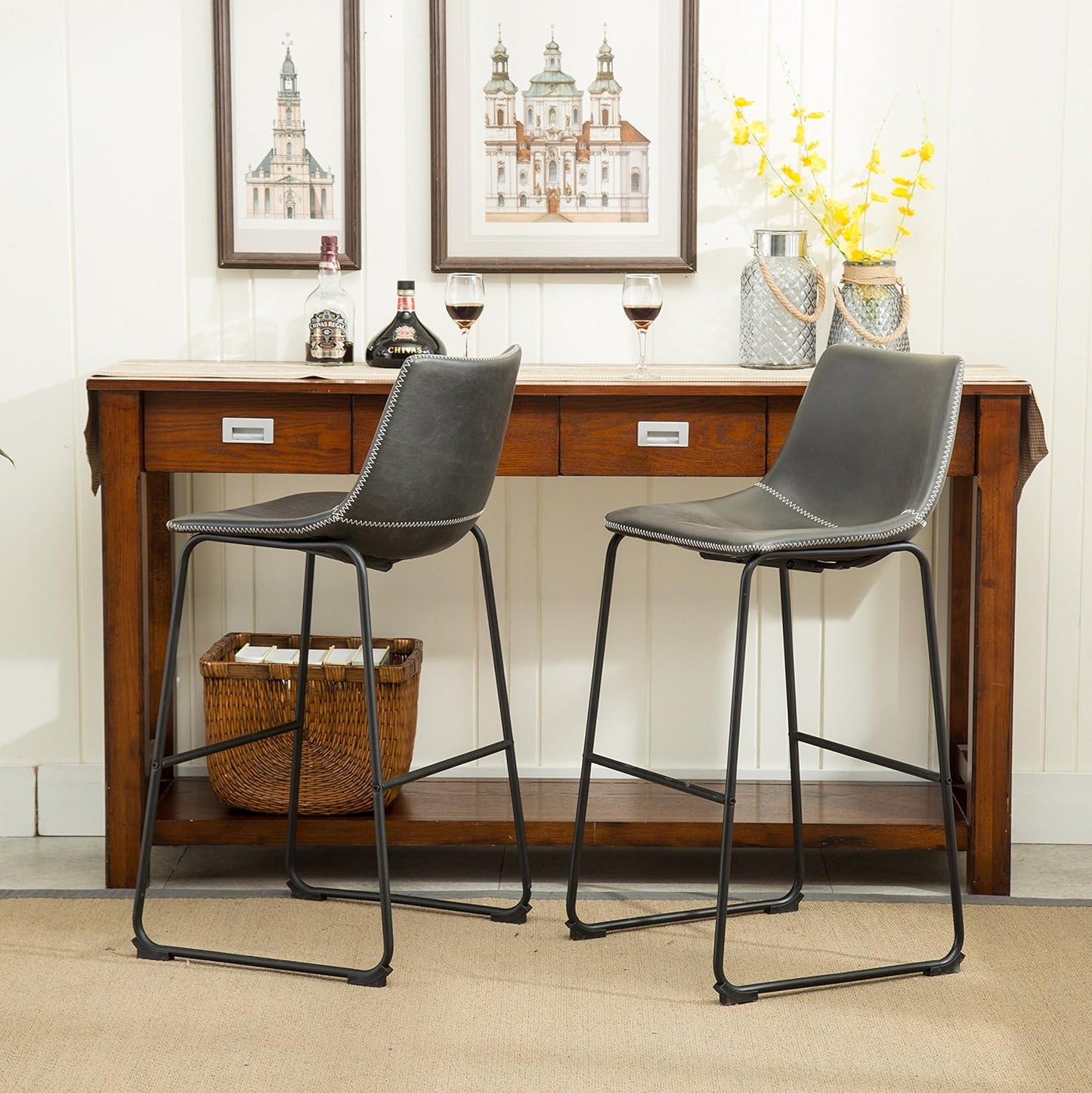 Roundhill Furniture Lotusville Vintage PU Leather Bar Stools, Antique Gray, Set of 2