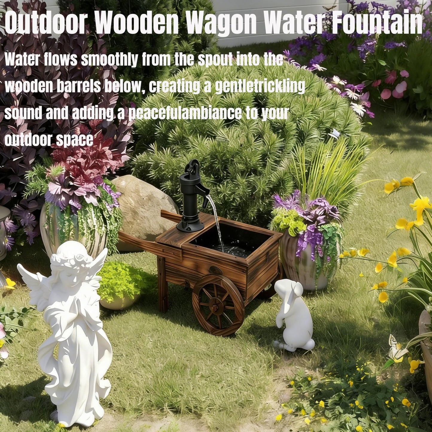 NestNature Outdoor Water Fountain,Wooden Wagon Wheel Pump Old-Fashioned Fountain,Electric Decorative Hand Pump, Outdoor Water Feature for Patio, Garden & Indoor Decoration