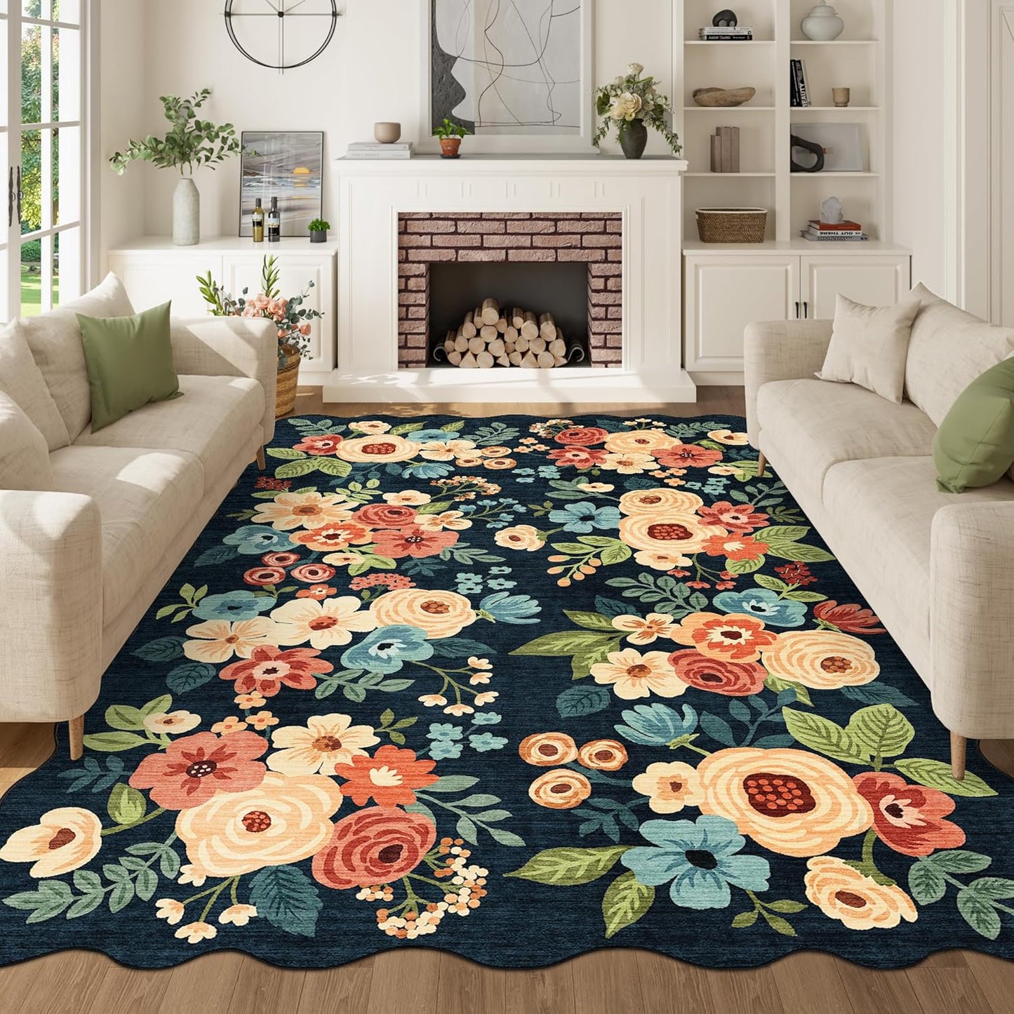 DUKINO 6x9 Area Rug, Floral Washable Rugs for Living Room with Non Slip Backing & Non-Shedding, Lightwight Low Pile Boho Design Large Carpets for Bedroom, Living Room, Dining Room, Black