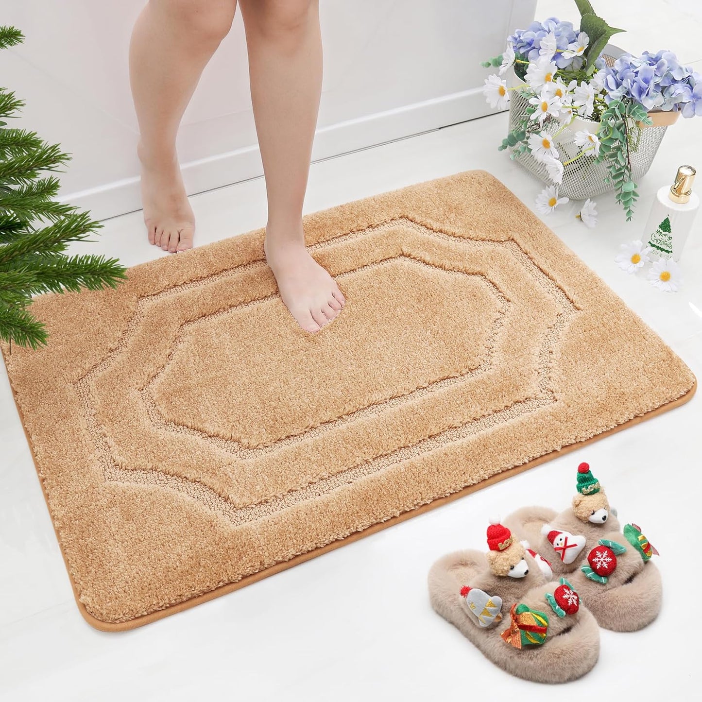 BEQHAUSE Bathroom Rug Non-Slip Bath Mat Soft and Absorbent Shower Mat Polyester Microfiber Machine Washable Bathroom Rugs Beige 24"x36"