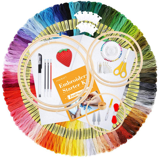 INSCRAFT 304 Pack Embroidery Kit, 200 Colors Threads, 5 Pcs Bamboo Embroidery Hoops, 2 Pcs Aida Cloth, Instructions, Bag and Cross Stitch Tools Set, Hand Embroidery Starter Kit for Beginners Adults