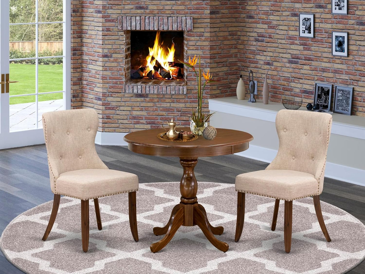 East West Furniture AMSI3-AWA-04 3 Piece Dining Set for Small Spaces Contains a Round Kitchen Table with Pedestal and 2 Light Tan Linen Fabric Parson Chairs, 36x36 Inch, Walnut