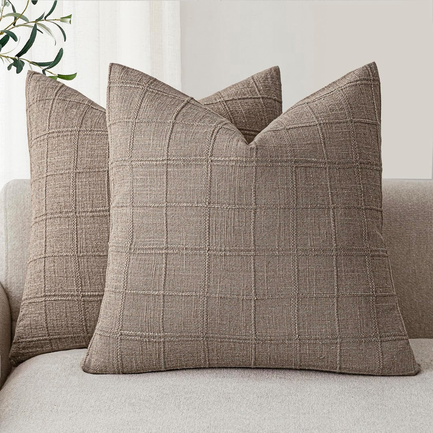 Foindtower Set of 2 Decorative Linen Check Throw Pillow Covers Neutral Farmhouse Vintage Cushion Covers Modern Boho Home Decor for Sofa Chair Couch Bedroom Living Room Outdoor,26×26 Inch,Tan Taupe