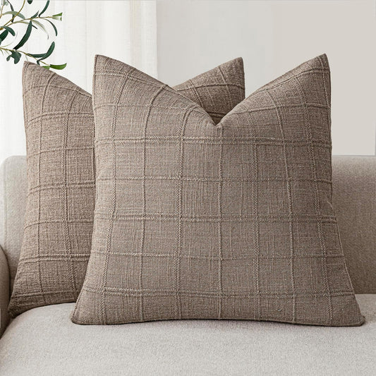 Foindtower Set of 2 Decorative Linen Check Throw Pillow Covers Neutral Farmhouse Vintage Cushion Covers Modern Boho Home Decor for Sofa Chair Couch Bedroom Living Room Outdoor,26×26 Inch,Tan Taupe
