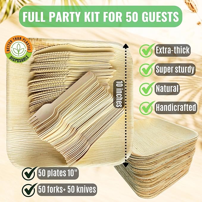 Palm Leaf Plates 10 Inch – 50 Pack Palm Plates with 50 Wooden Forks & 50 Knives – Bamboo Plates Disposable and Bamboo Dinner Plates for Weddings, Parties, Holidays, Christmas & New Year