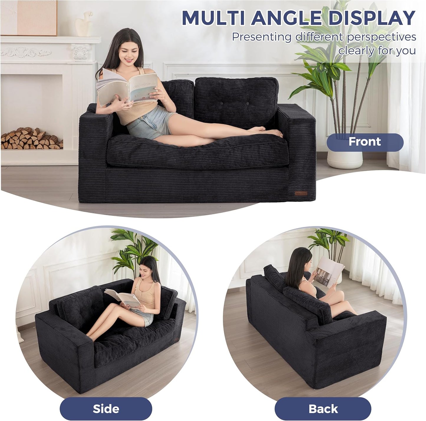 MAXYOYO Bean Bag Chair for Adults, Upholstered Floor Sofa with Armrests, Loveseat Boneless Couch with Tufted Cushion & Backrest, Sofa in A Box, Large Bean Bag Couch for Bedroom Living Room, Black