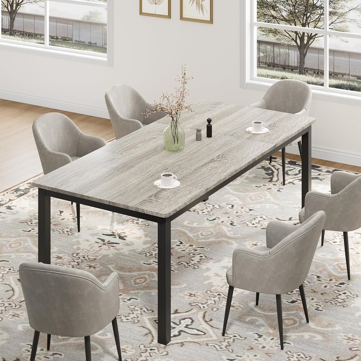 GarveeHome 70.8in Industrial Dining Table for 6, Wooden Long Dinner Table with Mortise Tenon Design, Kitchen Table with Sturdy Metal Legs, for Dining Room Home Office Living Room, Grey