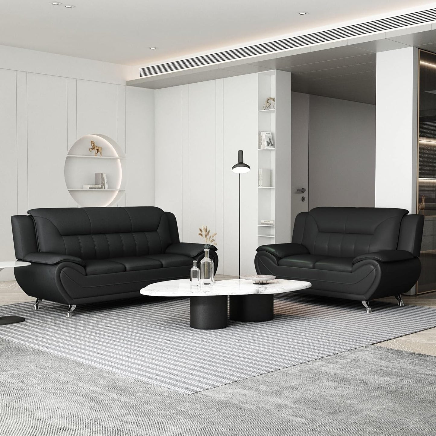 Container Furniture Direct Michael Modern Faux Leather Upholstered Stainless Steel Legs Living Room Loveseat, Midnight Black