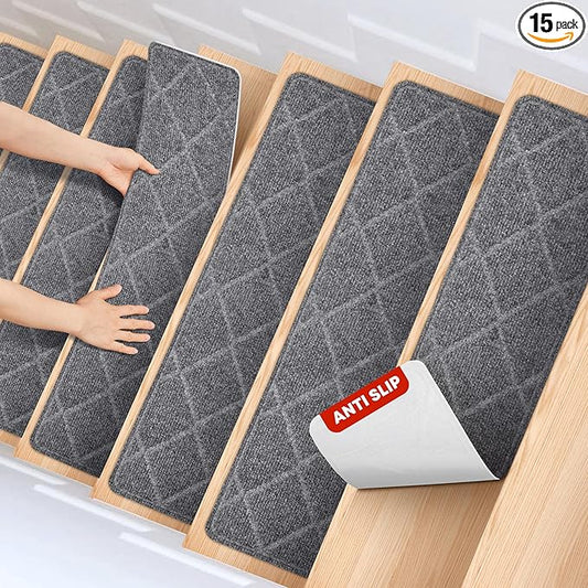 MBIGM 8" X 30" (15 in Pack) Non-Slip Carpet Stair Treads Non-Skid Safety Rug Slip Resistant Indoor Runner for Kids Elders & Pets with Reusable Adhesive - Dark Gray Diamond Weave