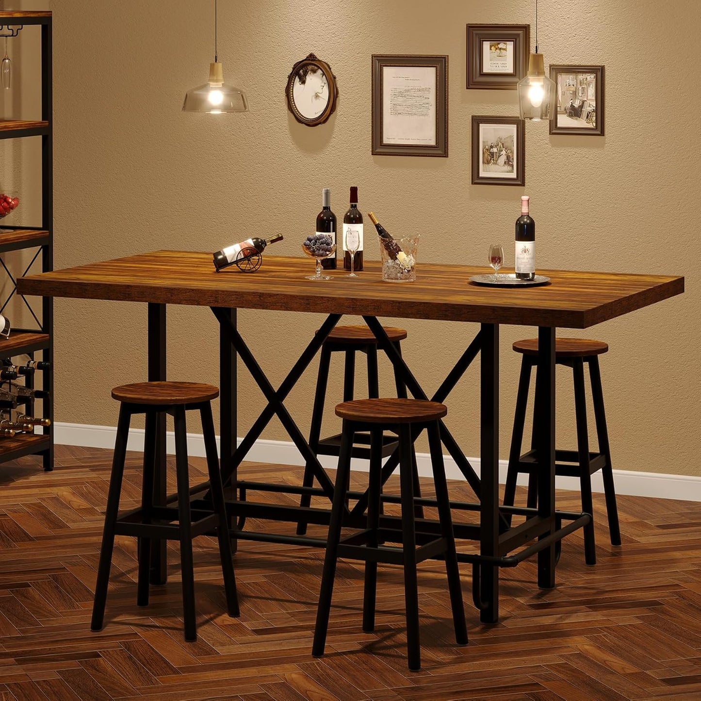 Tribesigns Bar Table, Industrial Counter Height Pub Table with Metal Footrest, 63-Inch Rectangle Wood Kitchen Dining Table with Sturdy Metal Frame for Dining Room, Home Bar (Brown)