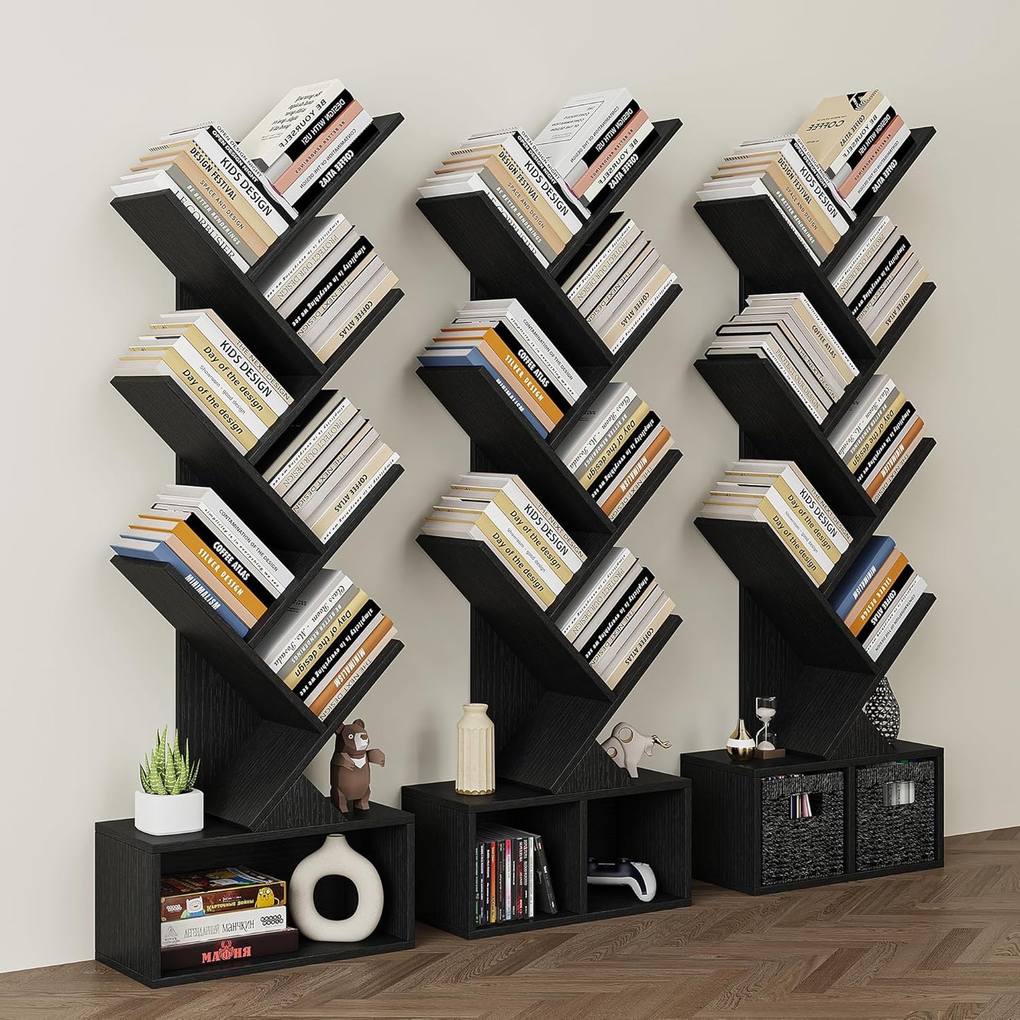 Vagusicc Tree Bookshelf, 6 Tier Bookshelf with Storage, Tall Narrow Bookcase, Rustic Wood Book Storage Rack for CDs/Books, Small Book Organizer Shelves for Bedroom, Living Room, Home Office, Black