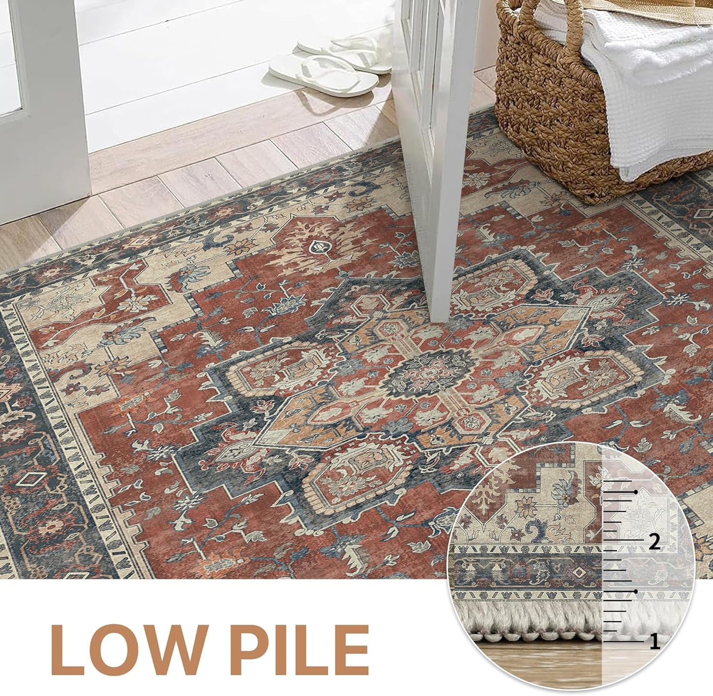 GENIMO 5x7 Area Rugs for Living Room, Machine Washable Non Slip Vintage Rugs, Low Pile Lightweight Chenille Print Rug for Bedroom, Dining Room, Home Office,Bordeaux