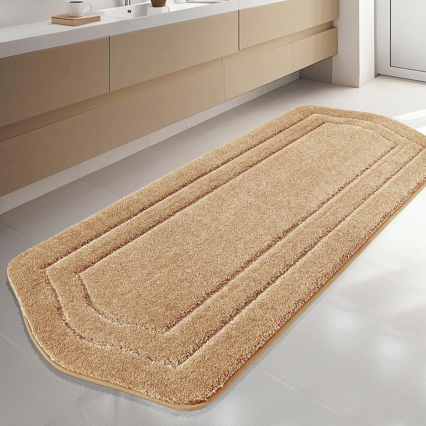 COSY HOMEER Bathroom Rugs Mat 24”x70” Absorbent Non-Slip Bath Mat, Plush Shaggy Bathroom Runner, Machine Washable Large Soft Bath Mats for Bath Floor,Tub and Shower,Beige