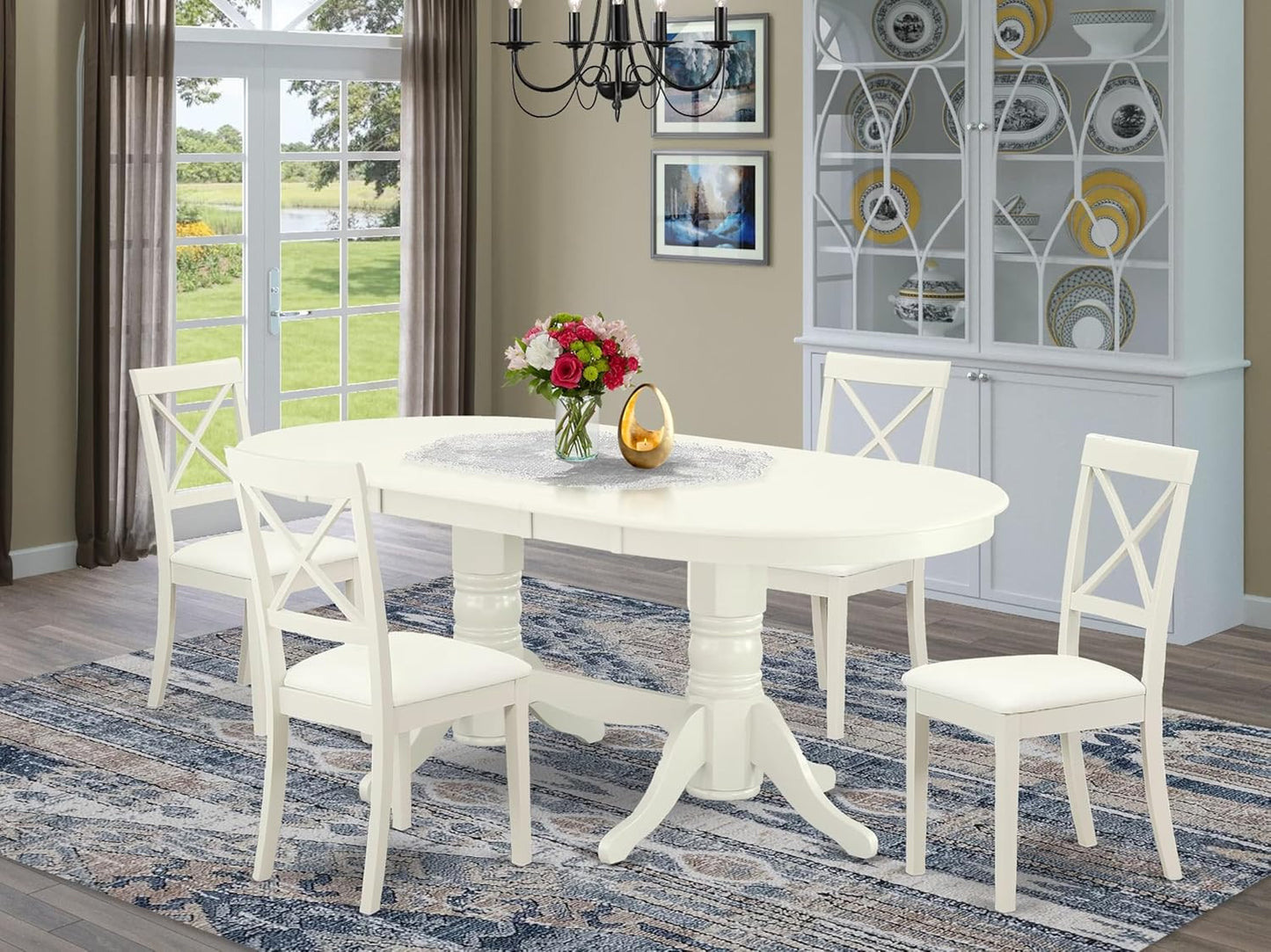 East West Furniture VABO5-LWH-LC 5 Piece Kitchen Table & Chairs Set Includes an Oval Dining Room Table with Butterfly Leaf and 4 Faux Leather Upholstered Chairs, 40x76 Inch, Linen White