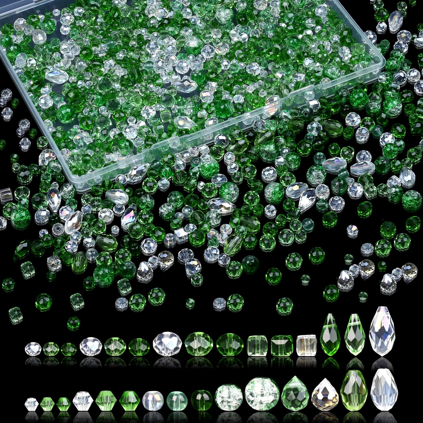 NUKAYAI 1200 Pcs Crystal Glass Beads for Jewelry Making – 13 Styles Bicone, Rondelle, Cube, Teardrop, Smooth Round, Floral and Strawberry Beads Bulk for DIY Bracelet Necklace Earring Craft Kit (Green)