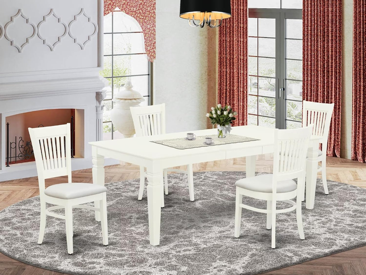 East West Furniture LGVA5-LWH-C 5 Piece Dining Set Includes a Rectangle Dining Room Table with Butterfly Leaf and 4 Linen Fabric Upholstered Kitchen Chairs, 42x84 Inch, Linen White