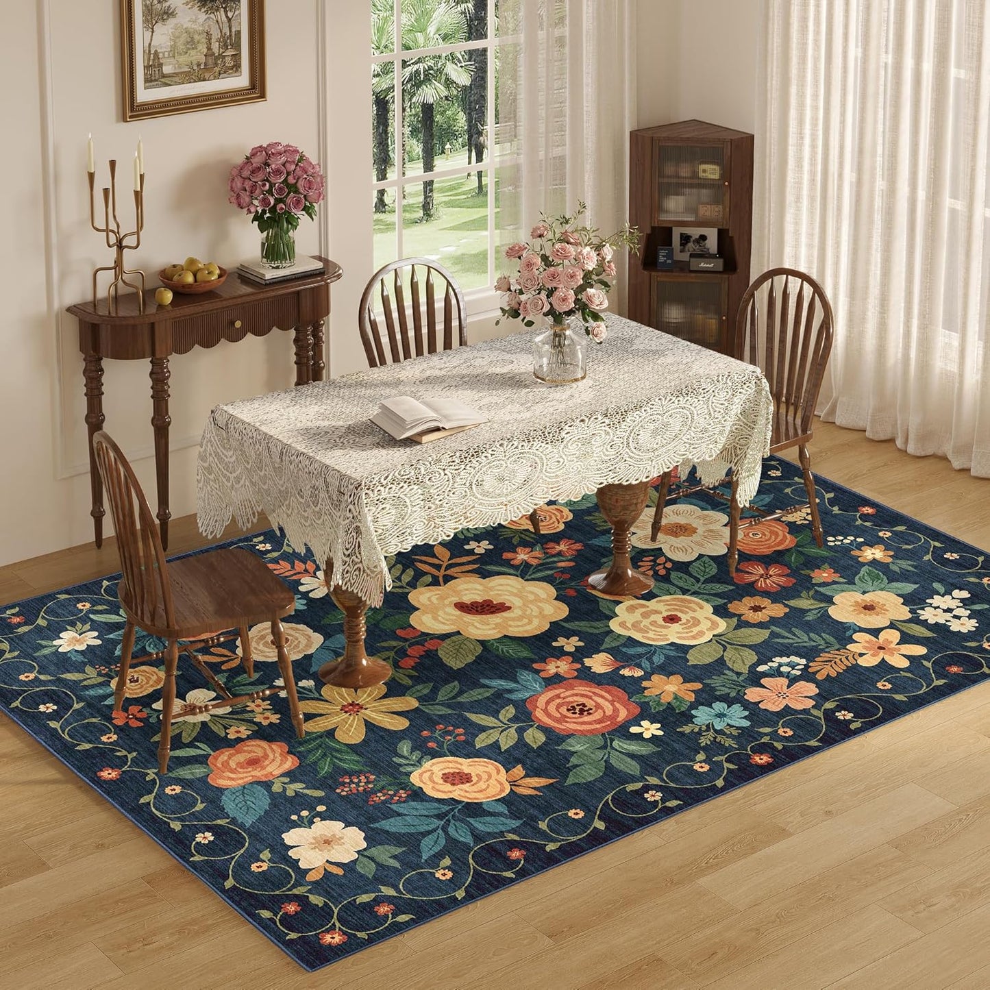 DUKINO 9x12 Area Rug, Floral Rugs for Living Room, Lightweight Non Slip Washable Rug, Indoor Low Pile & Non-Shedding Boho Design Rugs for Bedroom, Living Room, Dining Room, Dark Blue