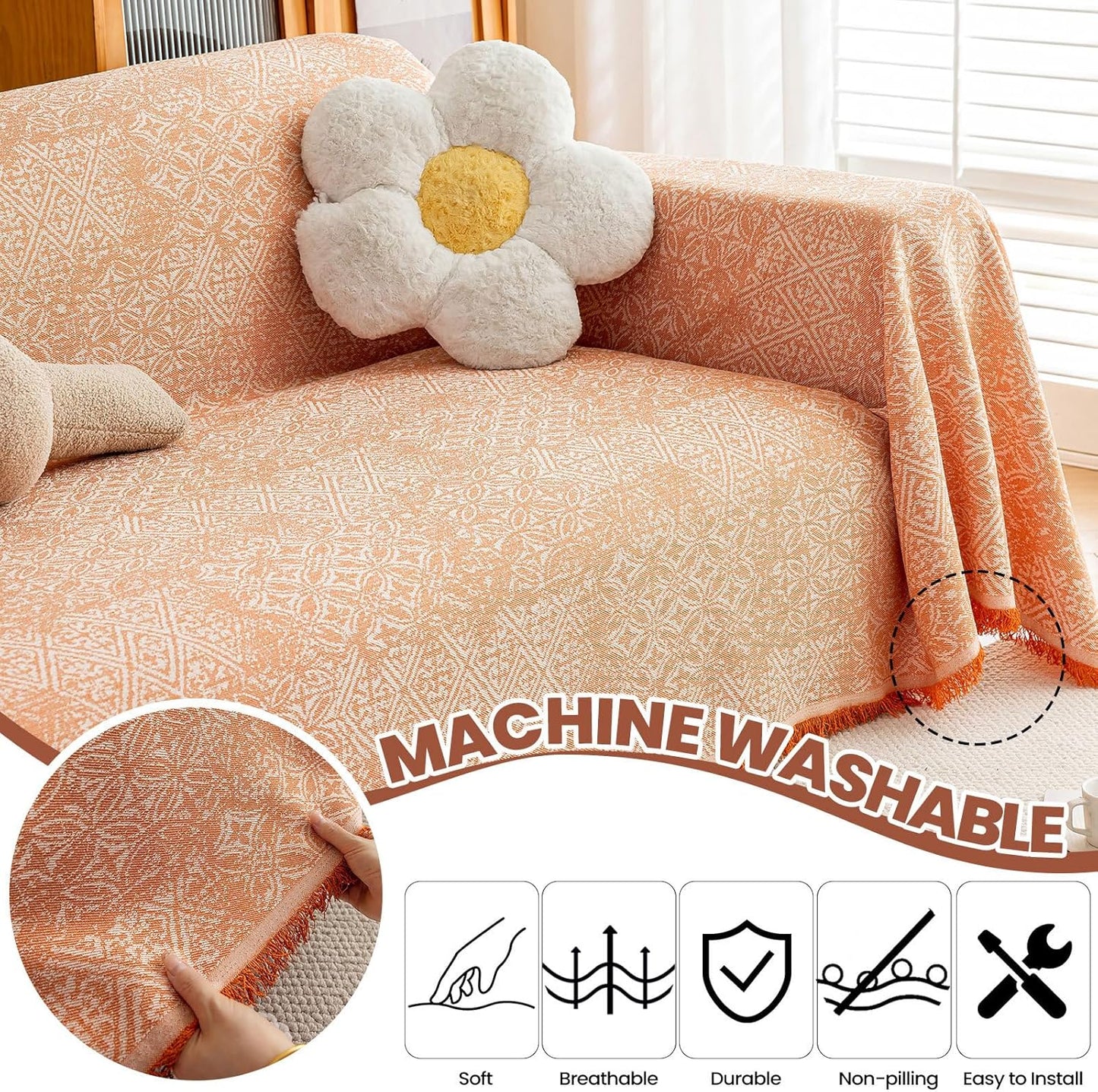STACYPIK Boho Sofa Cover for Pets, Orange Geometric Couch Cover for 3 Cushion Sofa, Washable Dogs Protector for Living Room, Anti-Slip Sectional Covers for Loveseat with Tassel Throw Blanket-71X150IN