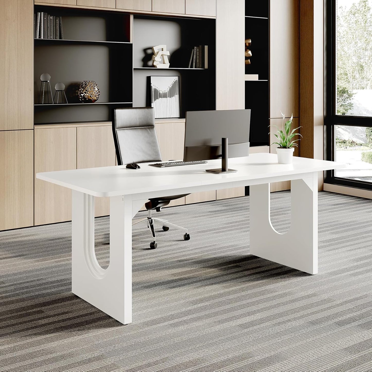 LITTLE TREE 70.8-Inch Home Office Desk, White Computer Desk with Storage, Study Writing Work Desk for Home Office, Spacious Modern Simple Desk,White