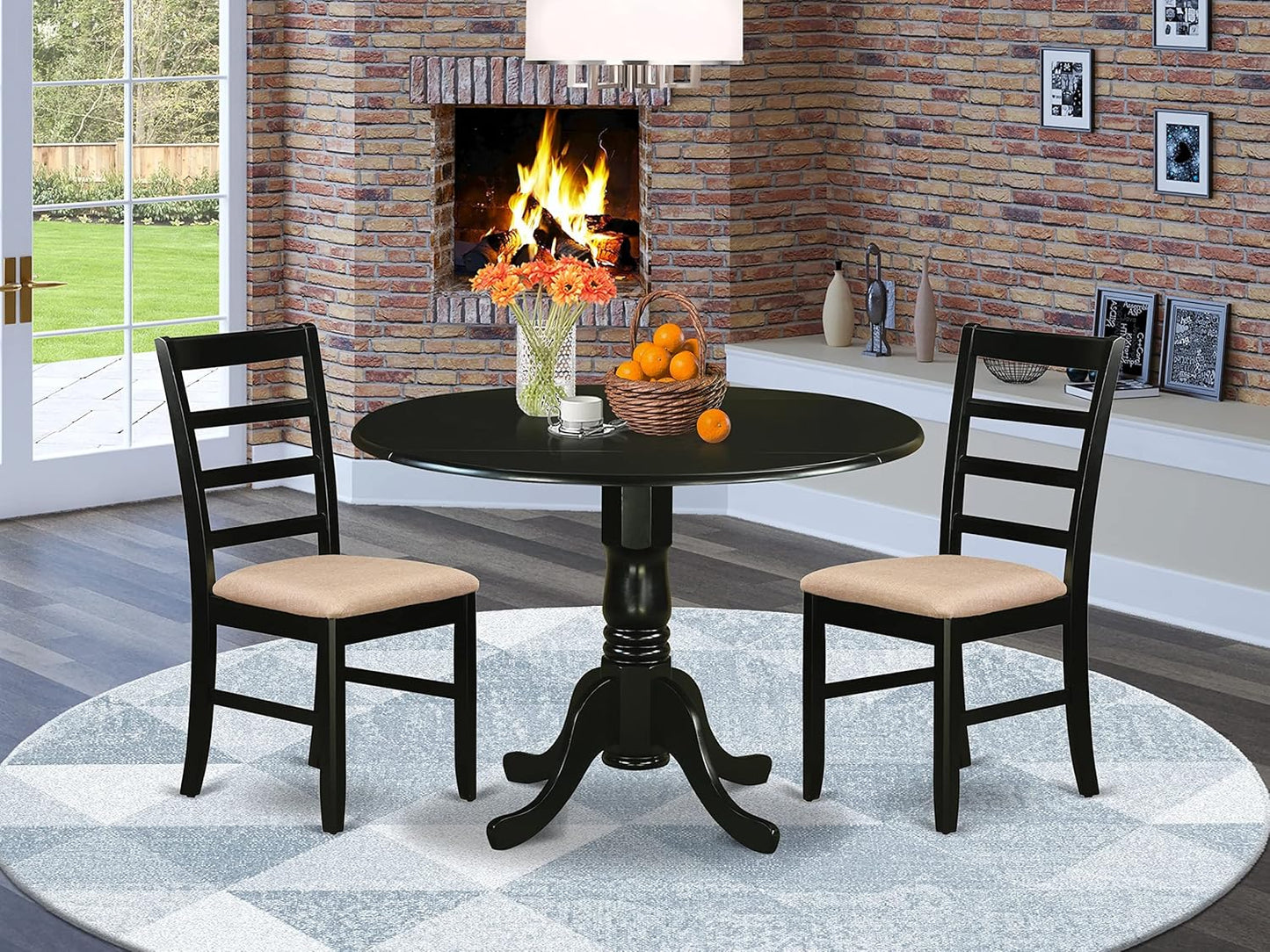 East West Furniture DLPF3-BLK-C 3 Piece Dining Set Contains a Round Dining Room Table with Dropleaf and 2 Linen Fabric Upholstered Kitchen Chairs, 42x42 Inch, Black