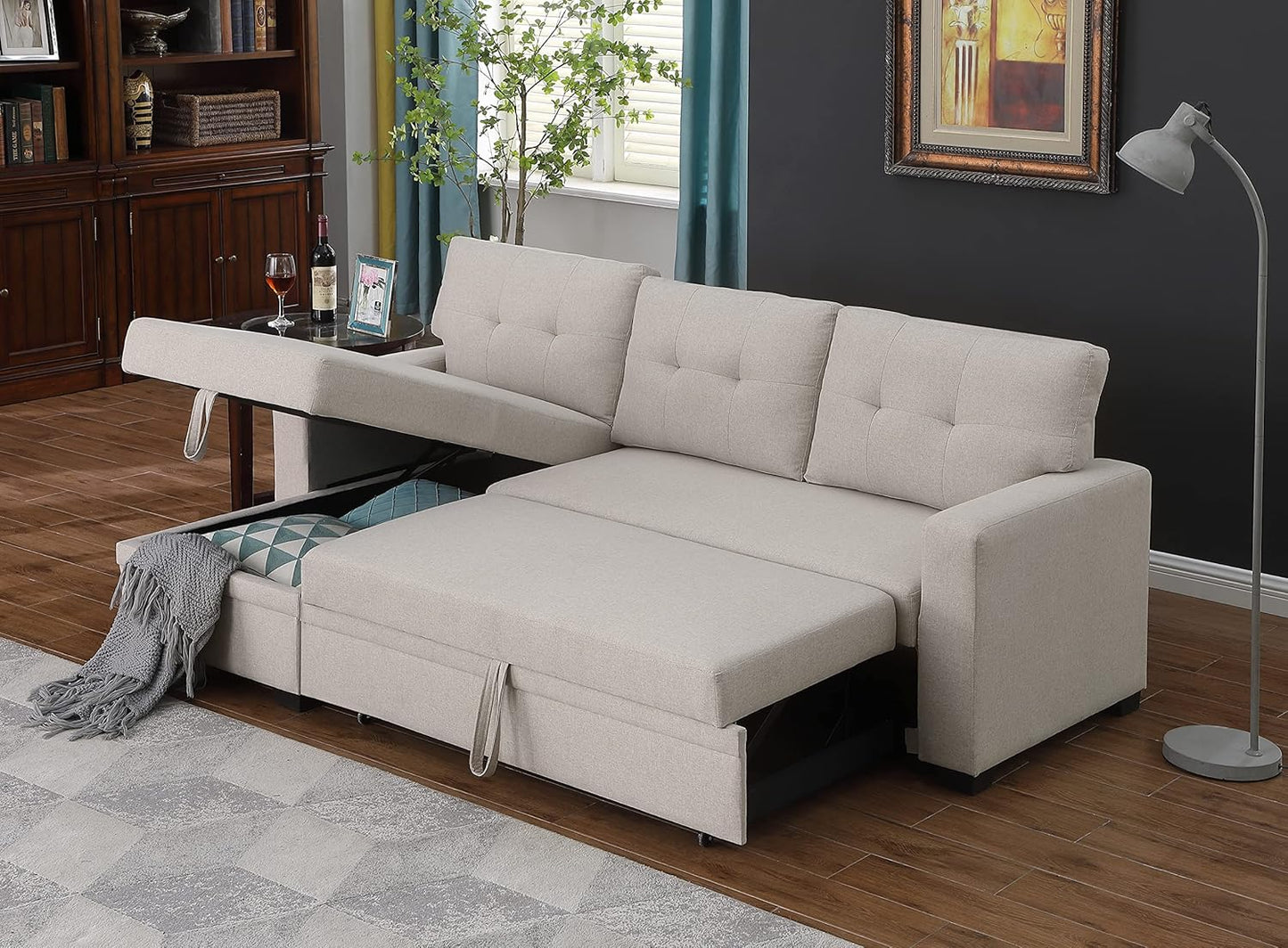 Devion Furniture Meridian 4-in-1 Convertible L Shaped Couch with Pull Out Bed and Storage, Sectional Sleeper Sofa with Reversible Chaise for Living Room, Apartment, Bedroom, Office