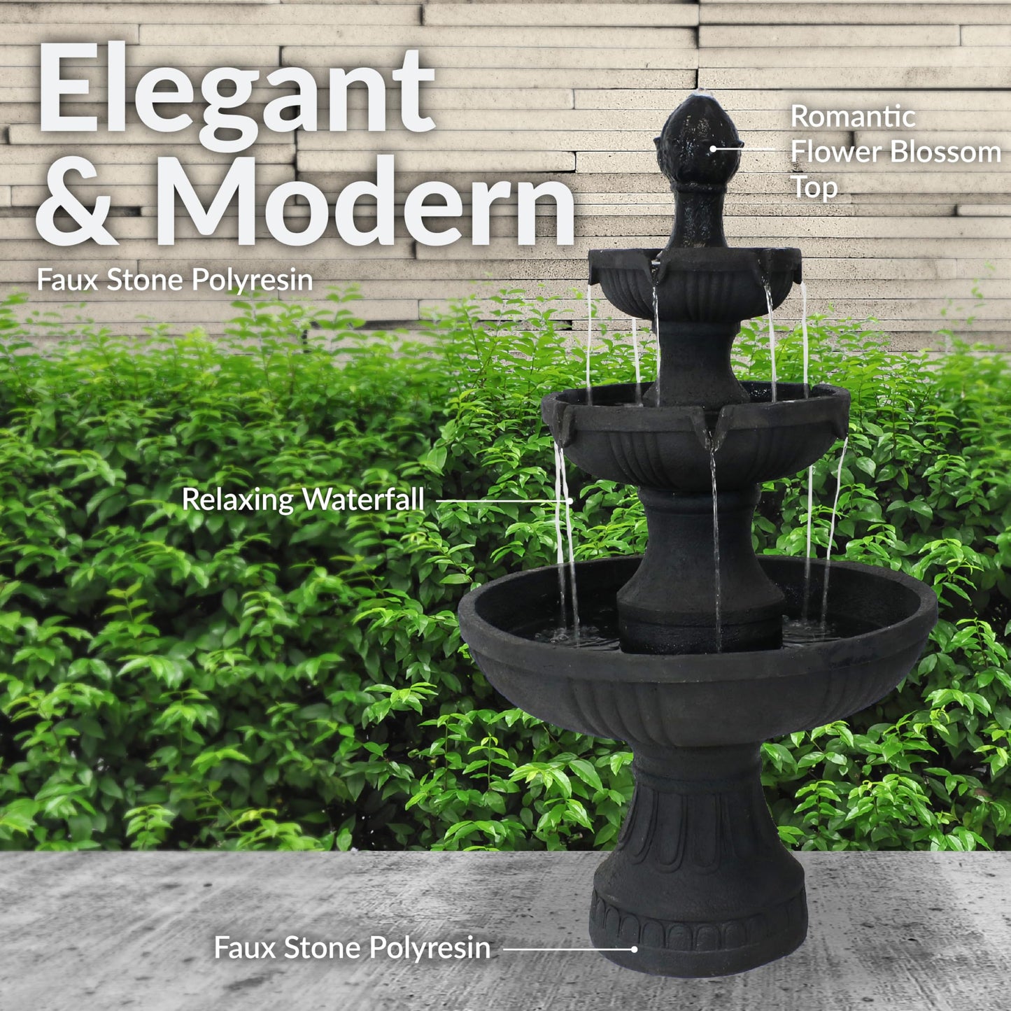 Sunnydaze Flower Blossom 43" Tiered Outdoor Water Fountain - 3-Tiered Outdoor Fountain for Garden, Patio, or Backyard - Black Finish