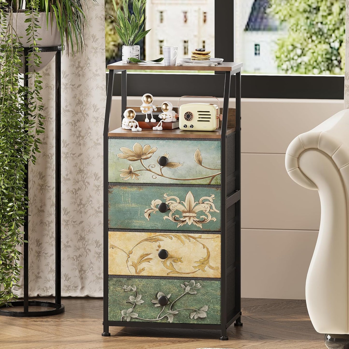 Tohomeor Dresser with Fabric Drawers Nightstand with 2 Tier Shelf Storage Tower for Bedroom Hallway Entryway Closet Organizer Sofa Beside Table Furniture (Multi, 4 Drawers)