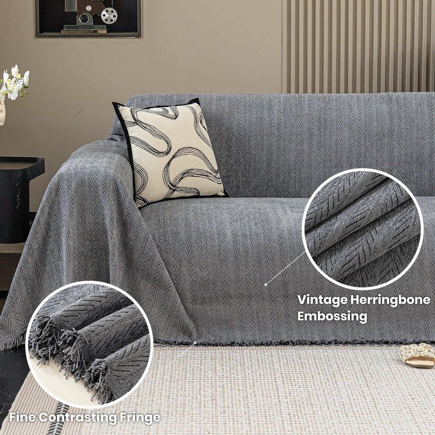 Nobildonna Sofa Cover Washable Soft Thicken Chenille Couch Cover with Tassel,Waterproof Sofa Slipcover for 2-3 Cushion Couch,Sectional Sofa,L-Shaped Furniture Protector Pet-Friendly,Dark Gray 71x118