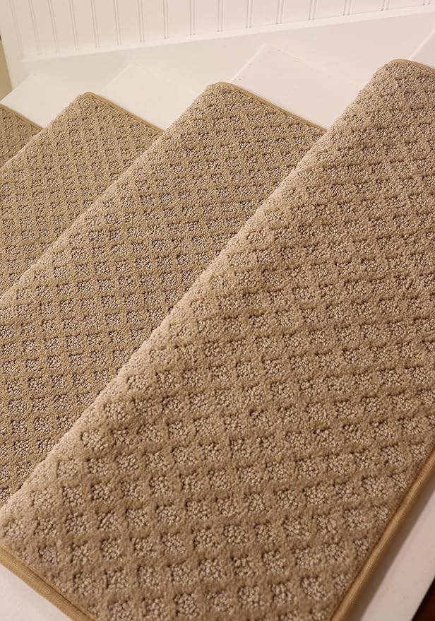 Oak Valley Designs™ Rounded Bullnose Carpet Stair Treads - Anti Slip Indoor Stair Mats for Wooden Stairs, Style: Bayside Charm, Wood Grain 27" W X 9.75" D (Set of 14)