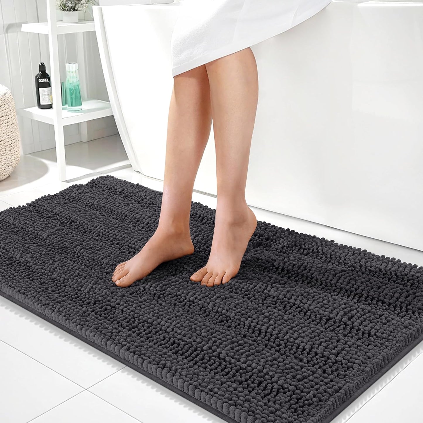 OLANLY Thick Bathroom Rugs 44x24, Extra Soft Absorbent Chenille Striped Bath Rugs, Rubber Backing, Machine Wash Dry, Bath Mats for Bathroom Floor, Tub and Shower, Home Decor Accessories, Dark Grey