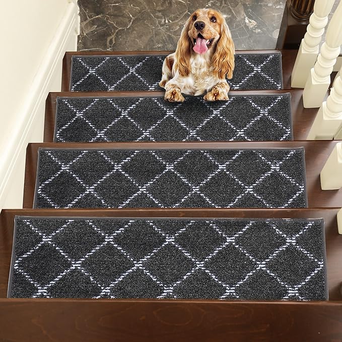 BEQHAUSE Stair Treads for Wooden Steps Polyester Soft Stair Runner Self-Adhesive Stair Rugs Non Slip for Dogs and Kids with TPE Backing 28inX9in Washable Stairs Carpet 4pcs,Dark Grey