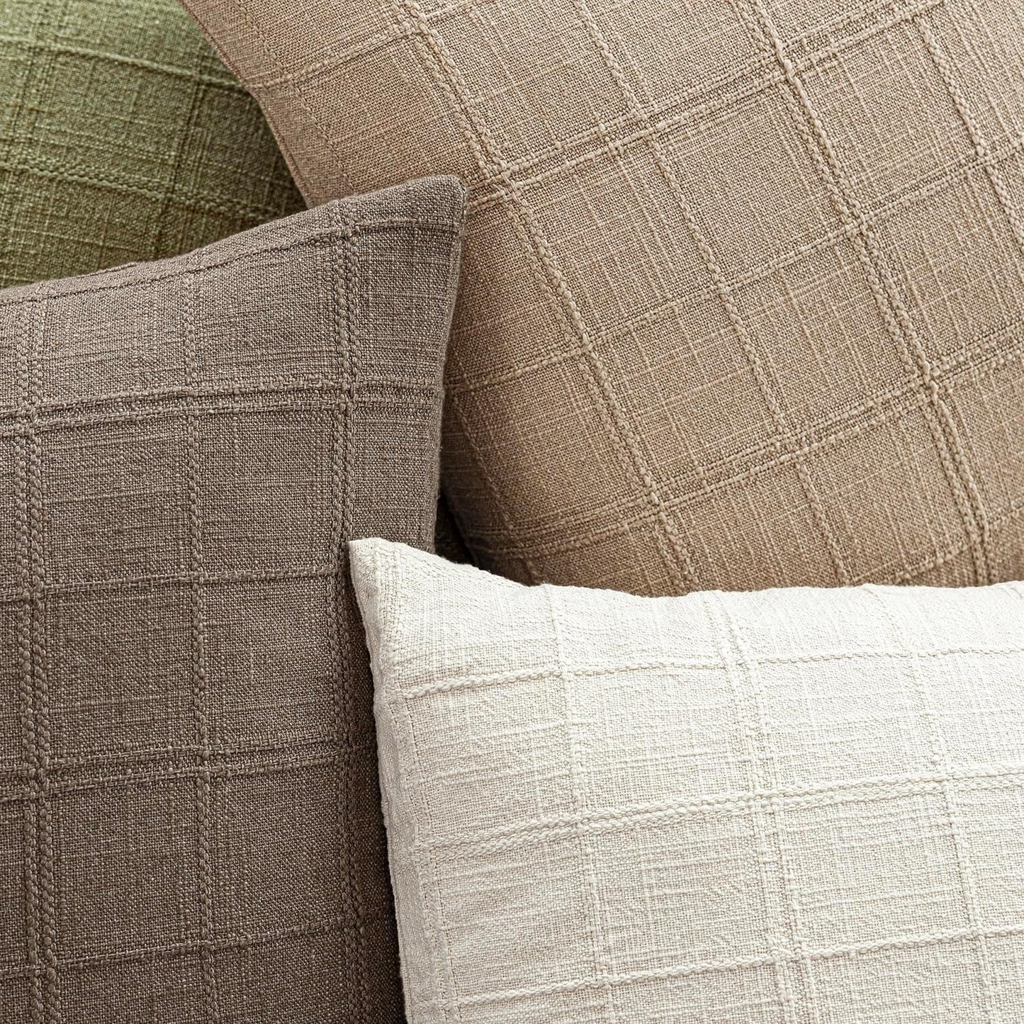 Foindtower Set of 2 Decorative Linen Check Throw Pillow Covers Neutral Farmhouse Vintage Cushion Covers Modern Coastal Boho Home Decor For Sofa Chair Couch Bedroom Living Room Outdoor,20×20 Inch,Camel