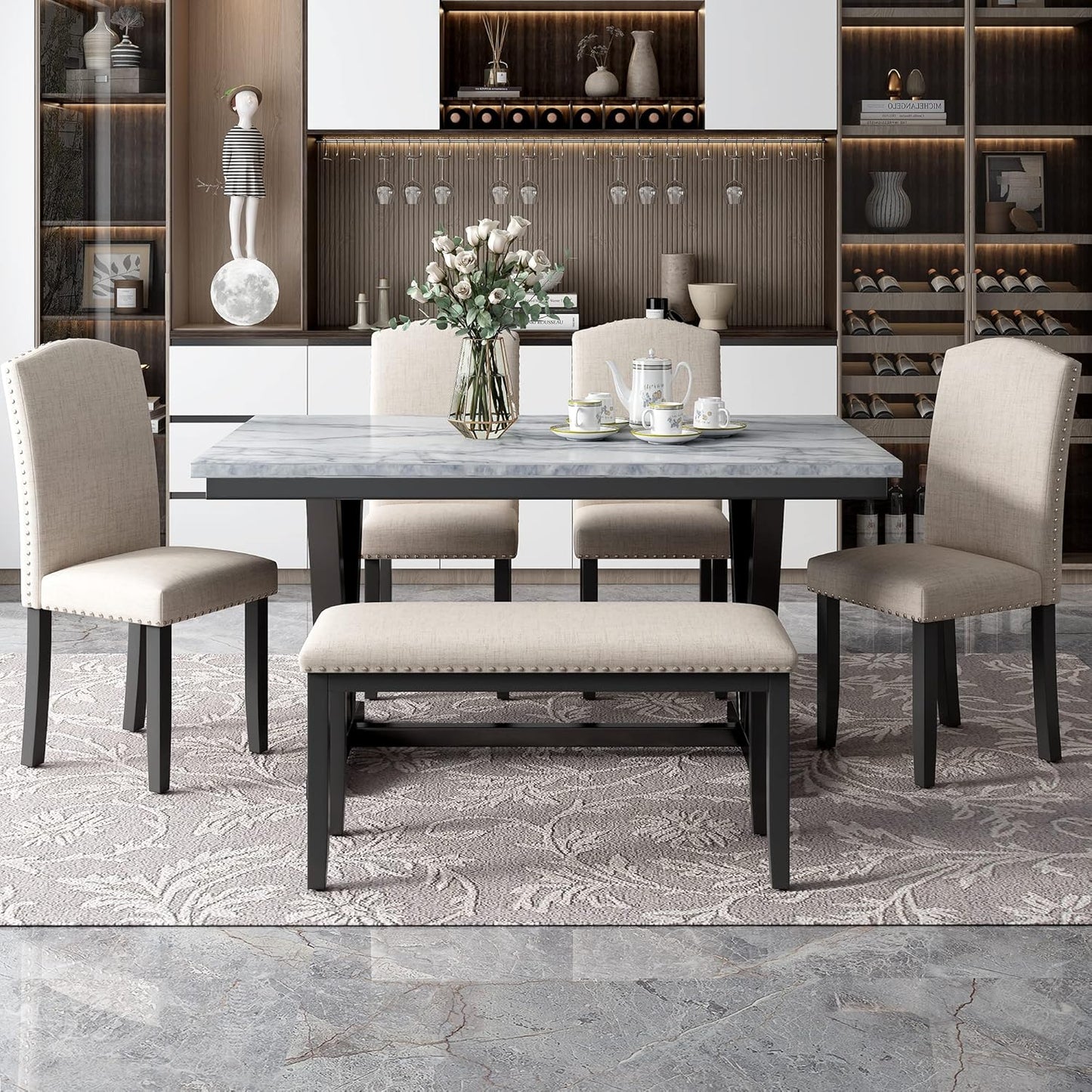 6 Pieces Dining Table Set with 60" Rectangle Marbled Veneers Tabletop Kitchen Desk,Living Room Furniture W/ 4 Chairs & 1 Bench,for Restaurant,Home Bistro,White