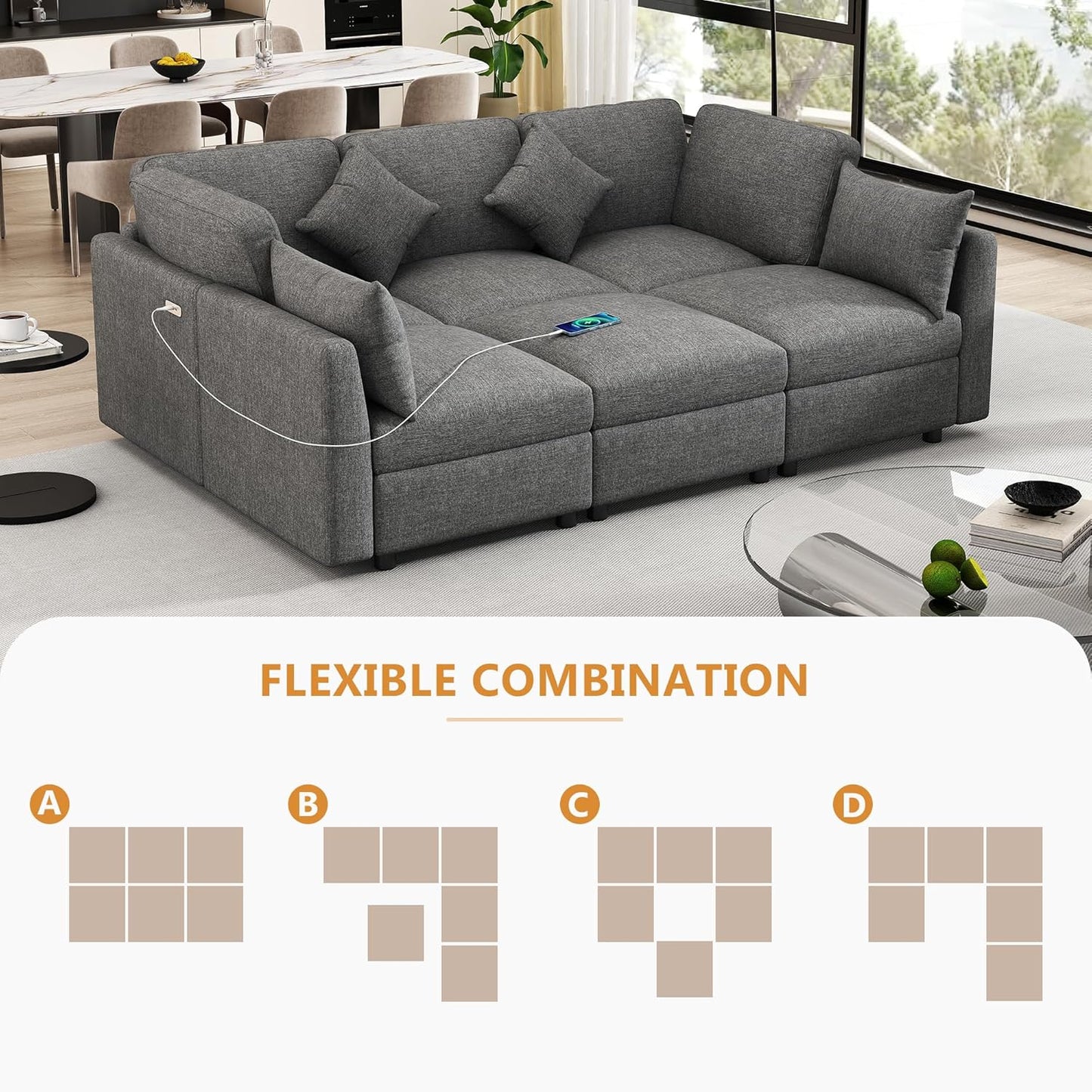 Ball & Cast Oversize Modular Sectional Sofa,85.4" 5-Seater Couch with USB Ports and 9 Pillows,Chenille Upholstered Convertible Sleeper Sofabed w/Movable Ottoman,for Living Room,Grey