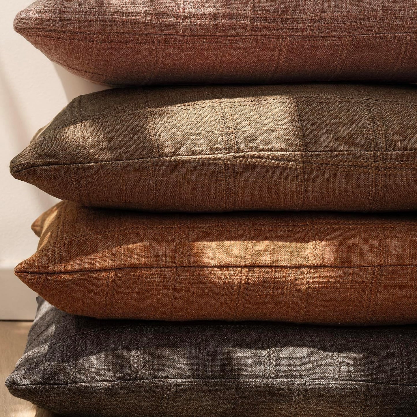 Foindtower Set of 2 Decorative Linen Check Throw Pillow Covers Neutral Farmhouse Lumbar Cushion Covers Modern Boho Home Decor for Sofa Chair Couch Bedroom Living Room Outdoor,12×20 Inch,Orange