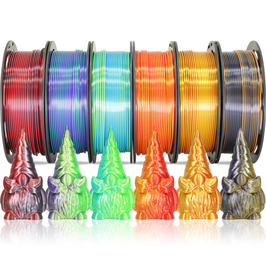 MIKA3D 6 Spools Bicolor Dual Color 1.75mm 3D Printer Filament Bundle, 3D Printing Silk PLA, Silk Black-Red/Purple-Green/Blue-Gre