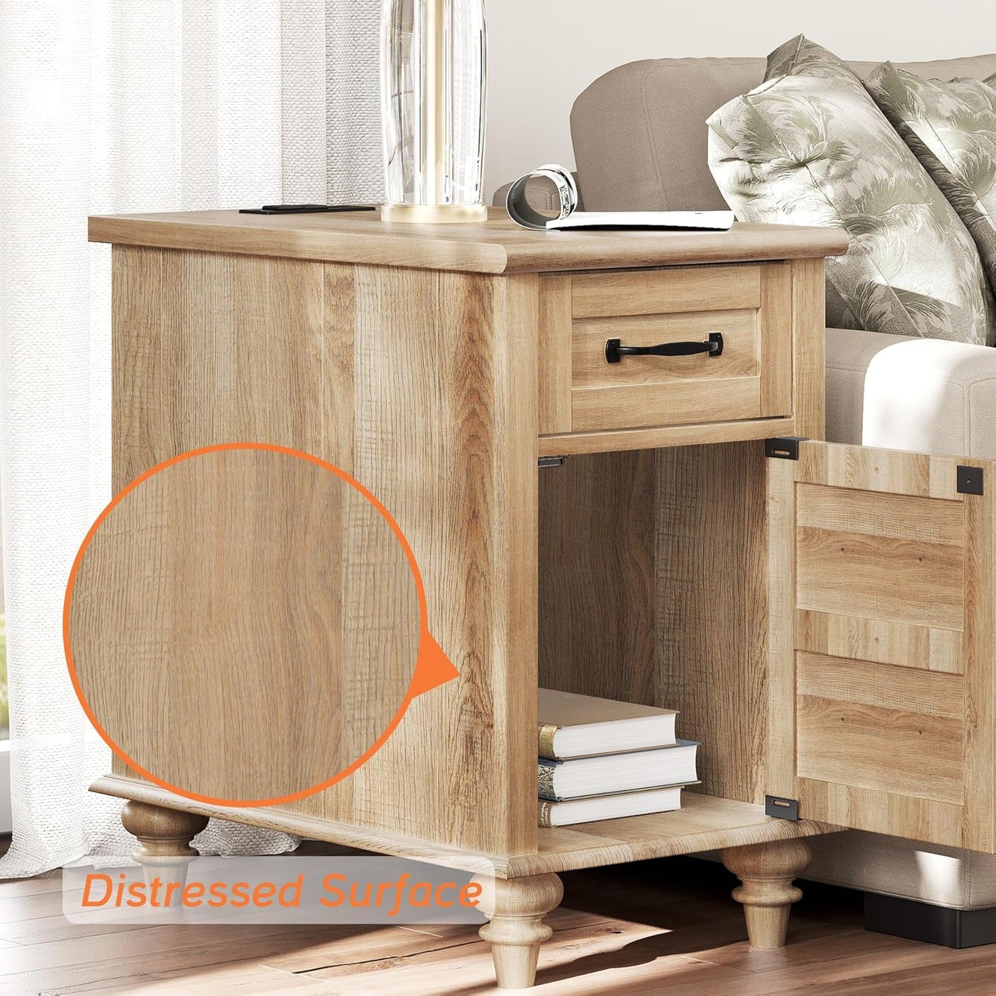 WAMPAT End Table with Charging Station, Wood Side Table with Drawer and Storage Cabinet, Modern End Table with Power outlets USB Ports for Living Room Bedroom, Oak